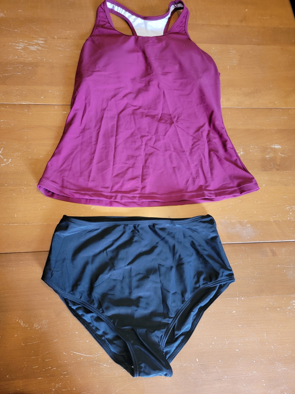 Magenta Racerback Tankini Top with Black High-Waist Bottoms